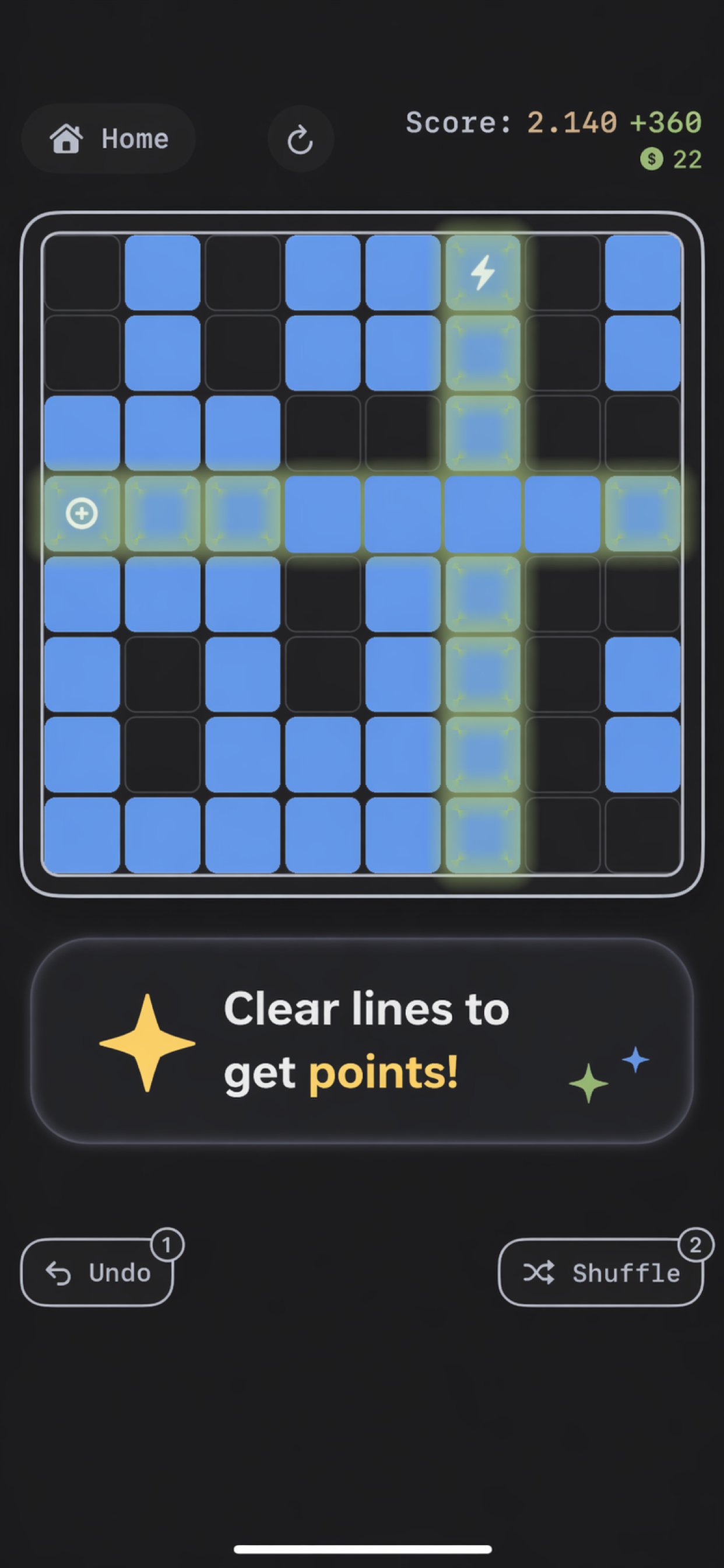 TapBlox! gameplay with highlighted lines after a clear